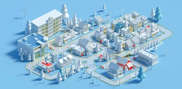Rendering Low Poly Isometric City Winter Town Building Trees Roads — Stock Photo, Image