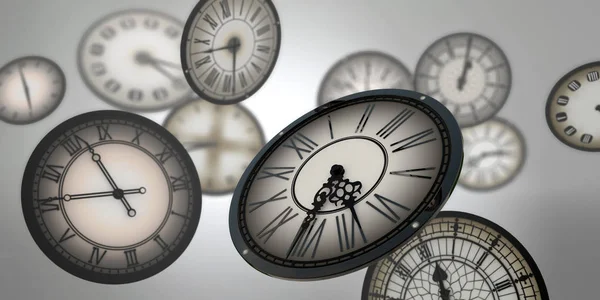 Horloges Flottant Dans Espace Abstrait Déplaçant Dans Temps Sur Fond — Photo