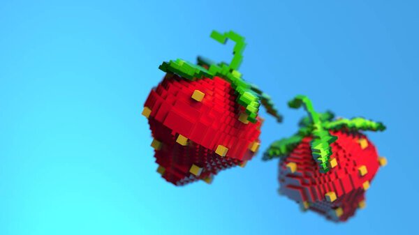 3d rendering of stylized voxel strawberries. 