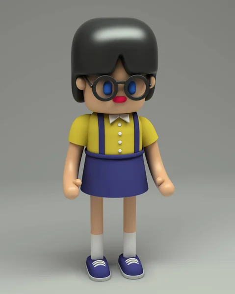 3d rendering of little girl with glasses in blue overalls, yellow shirt and sneakers.  Cartoon stylized 3d character illustration. Cute figure in full growth isolated on grey background