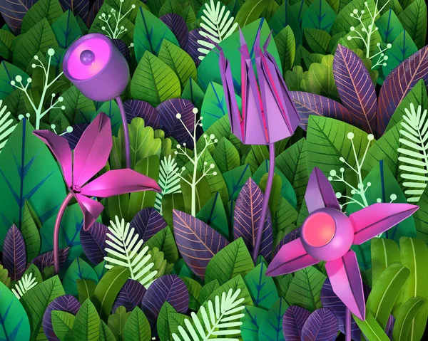 3d cartoon stylized abstract green foliage jungle on background