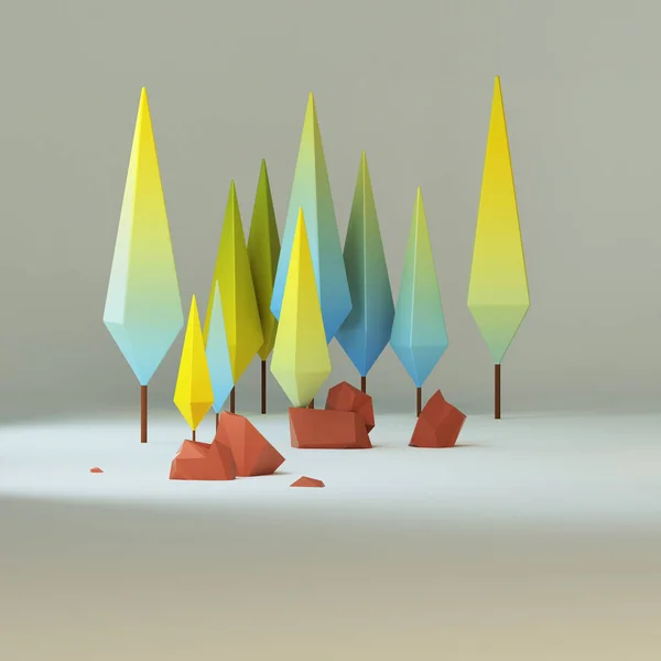 3d group of low poly stylized trees and rocks. Objects in the spot of soft light