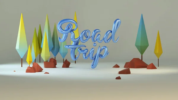 3d group of low poly stylized trees and calligraphy. Text \