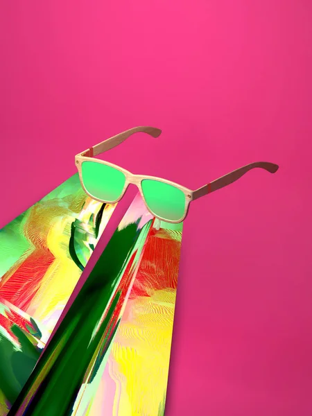 Rendering Abstracte Zonnebril Met Gestileerde Splash Van Kleurrijke Glitch Zomertijd — Stockfoto