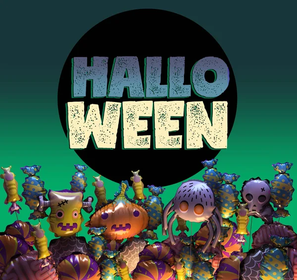 Renderização Cartão Felicitações Feliz Halloween Banner Halloween Desenhos Animados Estilizados Fotos De Bancos De Imagens Sem Royalties