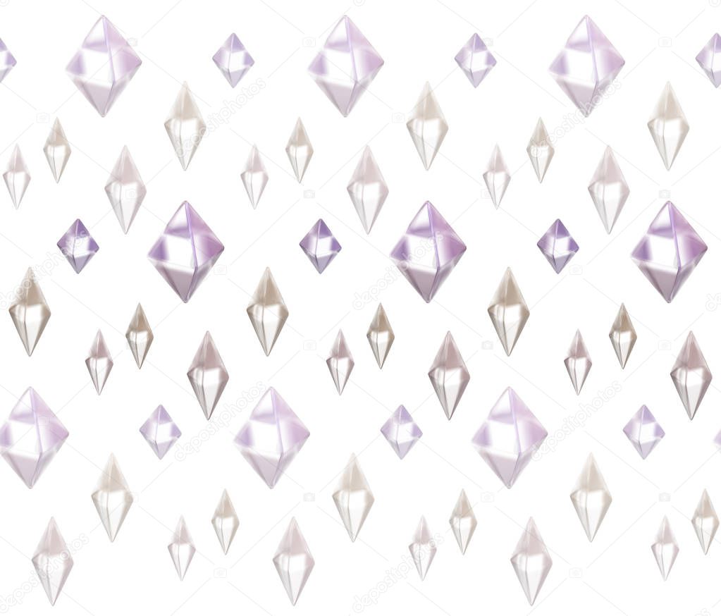 3d rendering. Sparkling reflective diamonds on a light background.  Geometric shapes rock crystals background. Seamless pattern.
