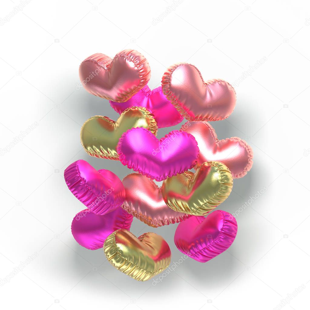 Set of valentines hearts allows create own unique scenes. 3d rendering. Top view isolated on white background. Detailed silver, gold, metallic, foil surface materials.