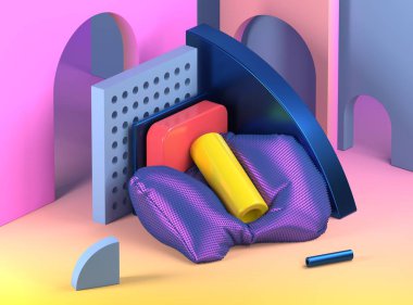 memphis tarzı soyut Sahne Alanı'nın 3D render. Geometrik nesneleri, amorf yumuşak şekil ve farklı malzemelerle parlak stilize sahne. 