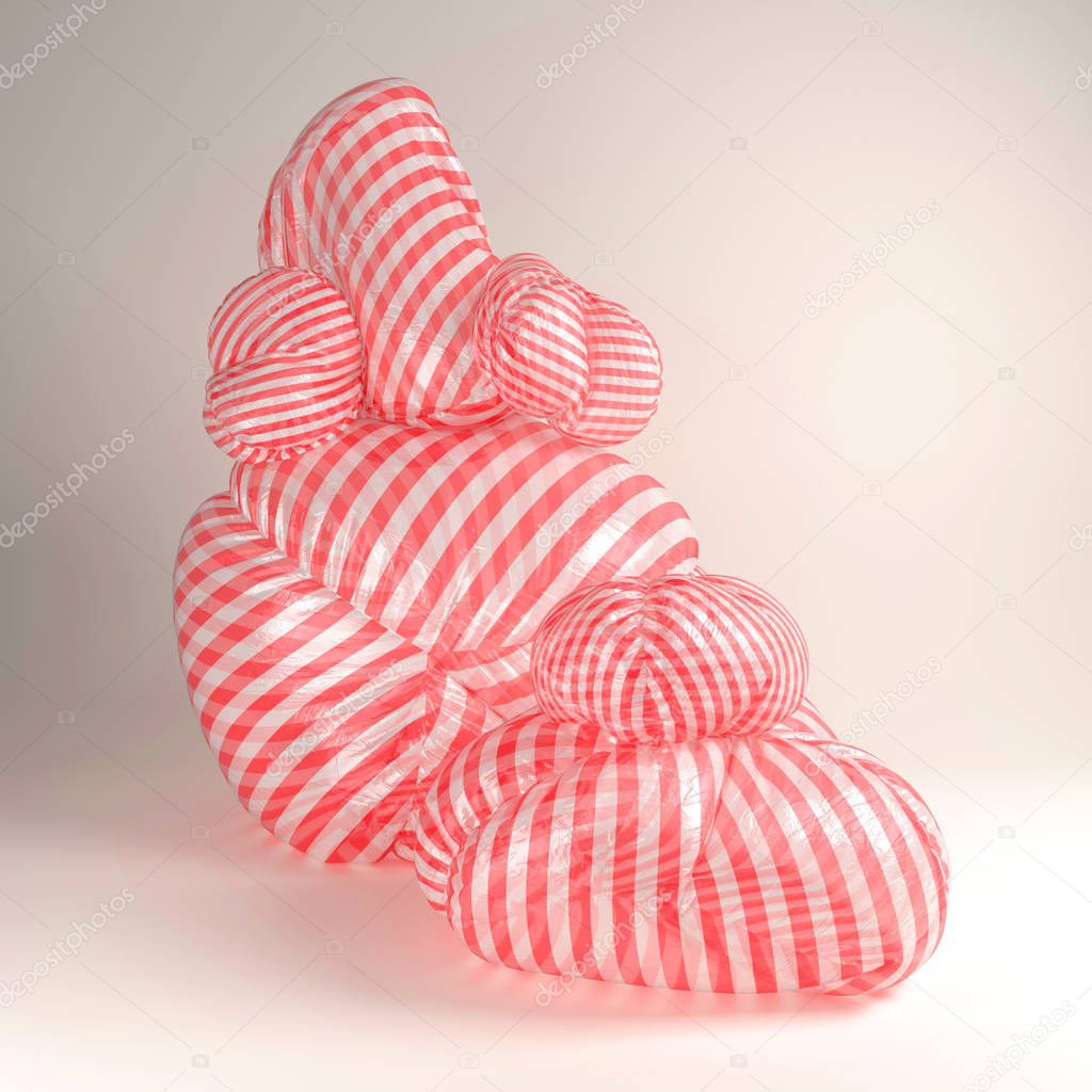 3d rendering of abstract illustration with amorphous strange puff objects. Modern design, conceptual fashion background. Group of red striped plastic bags isolated on whie backdrop. 