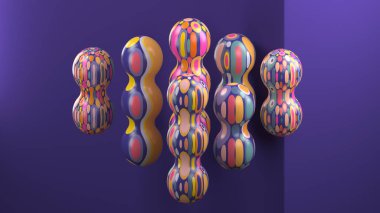 3D render renkli dekoratif topları. Birçok küresel şekil geometrik desenli. Dokulu canlı nesneler. Soyut kompozisyon. 