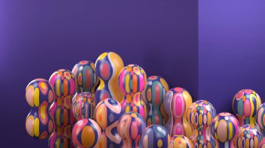 3D render renkli dekoratif topları. Birçok küresel şekil geometrik desenli. Dokulu canlı nesneler. Soyut kompozisyon. 