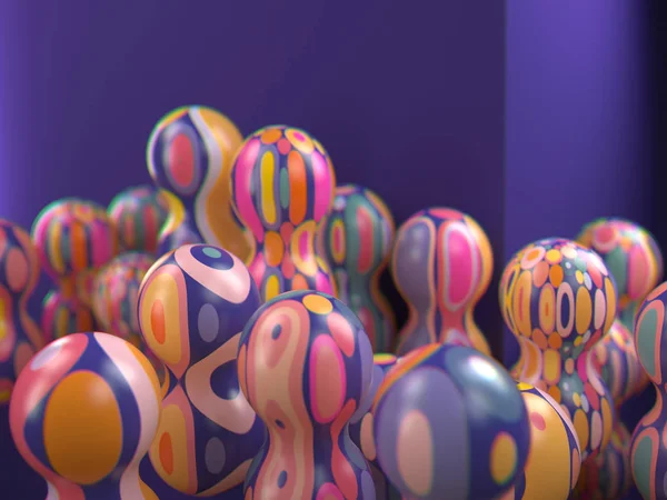 3D render renkli dekoratif topları. Birçok küresel şekil geometrik desenli. Dokulu canlı nesneler. Soyut kompozisyon. Seçici odak kadar kapatın. Sığ Dof. Mor zemin üzerine.