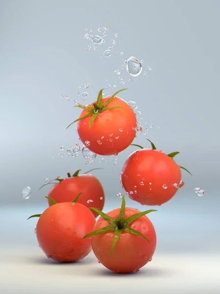 Frische Tomaten mit Spritzer Wassertropfen — Stockfoto