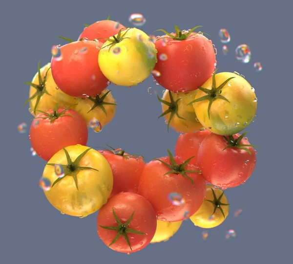 De kroon van de tomaat met zwevende waterdruppeltjes — Stockfoto