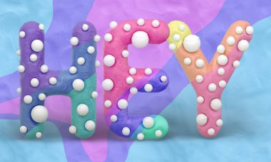 parlak renkli arka plan üzerinde kelime Hey 3D render. Hareket grafik stili. Komik polka dot harflerle heykeltraşlık
