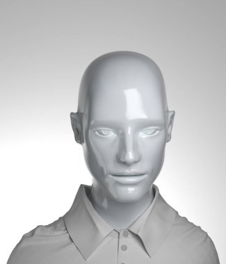 3d rendering of abstract human torso in shirt with glossy plastic head. Painted bust sculpture on white background, modern art.