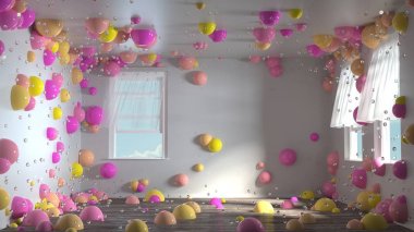 birçok renkli 3D render, duvarlar, zemin ve tavan pop up yuvar. Beyaz güneşli boş oda mobilya olmadan. Açık pencereler arasında Rüzgar. Pastel renk çeşitleri.