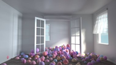 3D render renkli birçok yerden pop yuvar. Beyaz güneşli boş oda mobilya olmadan. Açık pencereler arasında Rüzgar. Pastel renk çeşitleri. Topları yere dağılmış.