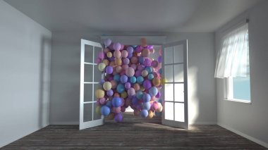 birçok renkli küreler 3D render kapı açma sinek. Beyaz güneşli boş oda mobilya olmadan. Açık pencereler arasında Rüzgar. Pastel renk çeşitleri. 