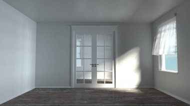 Beyaz güneşli boş oda mobilya olmadan 3D render. Kapalı kapı. Açık pencereler arasında Rüzgar. Duvarlar ve ahşap zemin benekli ışık teslimi. Modern ev.