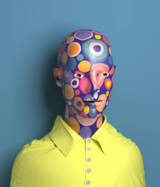 Sarı tişörtlü soyut insan gövde bir çevrelerde parlak doku ile 3D render. Baskın heykel mavi arka plan, modern sanat üzerine boyalı.