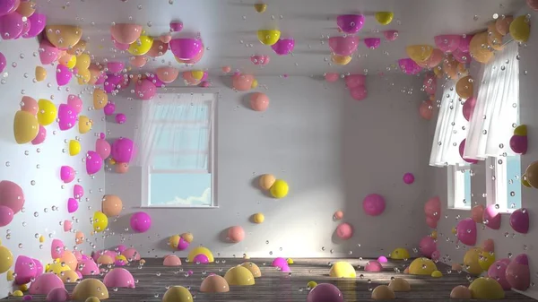 3d rendering of many colorful spheres pop up from walls, floor and ceiling. White sunny empty room without furniture. Wind through open windows. Pastel color variations.