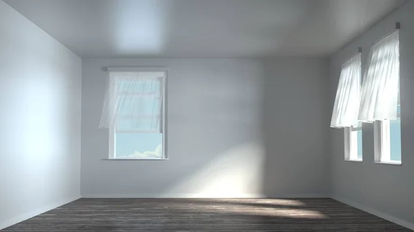 3d rendering of white sunny empty room without furniture. Wind through open windows. Dappled light drop on walls and wooden floor. Modern house.