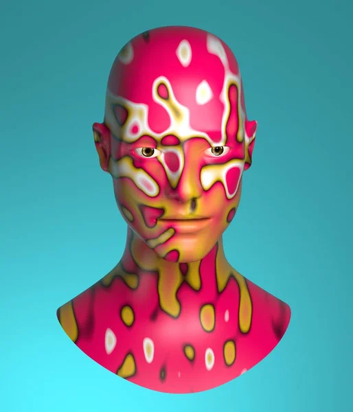 3d rendering of abstract human torso with pink and yellow stains pattern. Painted bust sculpture on blue background, modern art.