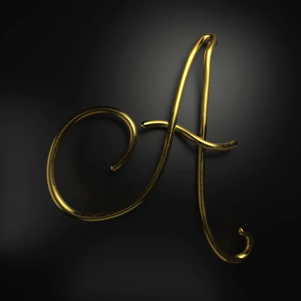3d renderizar letra de oro realista escrita a mano A — Foto de Stock
