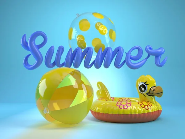 Palabra de verano, anillo de natación de goma y bolas de playa —  Fotos de Stock