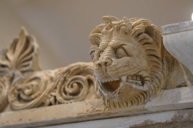 Epidaurus 'un arkeolojik bölgesinde yatan aslan heykelinin ayrıntıları.