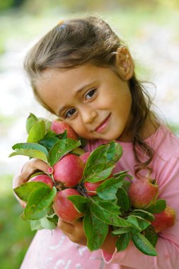 4 year old girl in a very sweet pose hugging apples picked in the woods