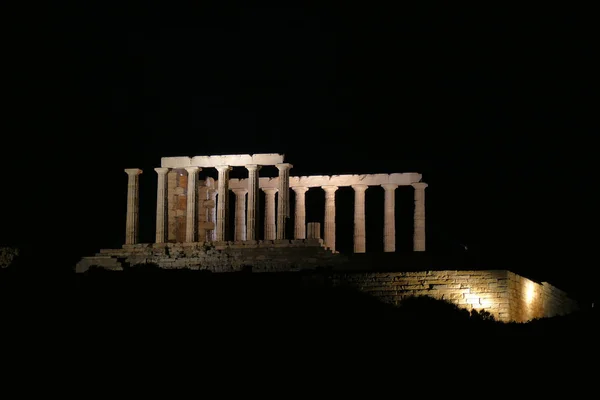 Nachtansicht Der Überreste Eines Griechischen Poseidon Tempels Kap Sunio Der — Stockfoto