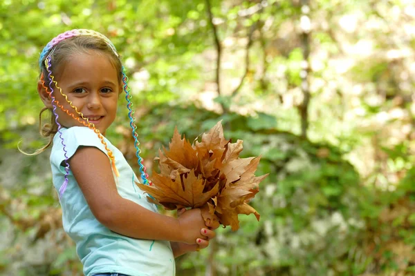 Ragazza Anni Mezzo Mostra Mazzo Foglie Una Foresta Autunnale — Foto Stock