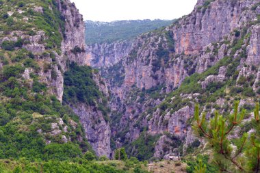 Yunanistan 'daki Vikos-Aoos ulusal parkındaki Vradreto bölgesinin panoramik manzarası