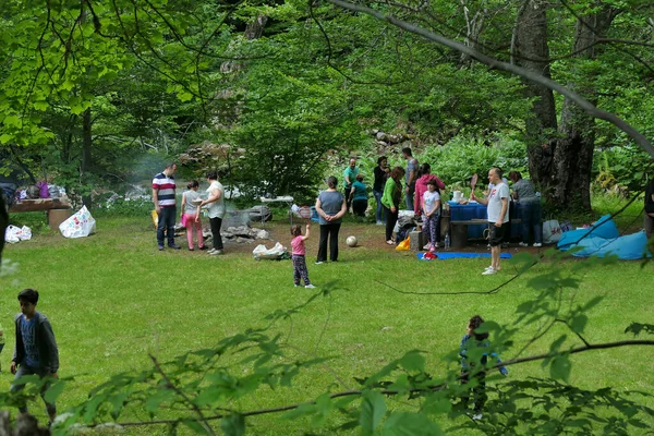 Bulgaria 2019 Alcune Famiglie Bulgare Trascorrono Domenica Prato Vicino Fiume — Foto Stock