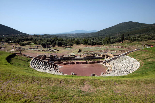 Panoramic view of the Theatre, in the ancient Messini archaeological site, south Peloponnese, Greece