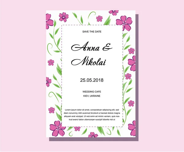 Wedding Card Pink Flowers White Background — Stock Vector