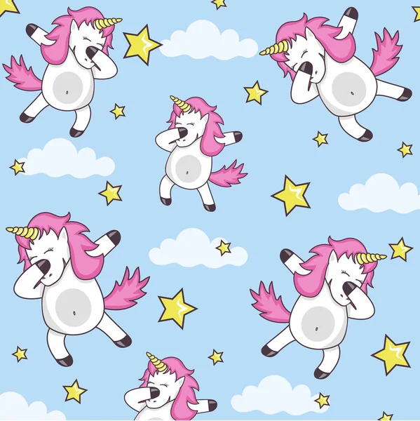 Vector Pattern Cute Unicorns Clouds Stars Magic Background Little Dabbing — Stock Vector