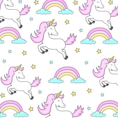 Şirin tek boynuzlu atların vektör deseni. Tebrik kartı, şirin tek boynuzlu atların olduğu kusursuz vektör deseni. Paket kağıdı veya kumaş.