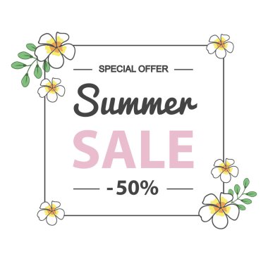 Frangipani çiçek ile yaz satışı büyük başlığı.