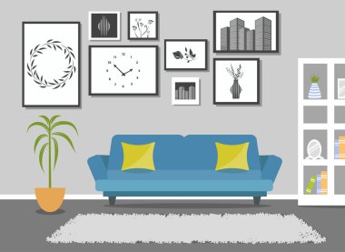 Modern tasarım. Oturma odasının içi. Kanepe, pencere ve dekor aksesuarları olan rahat bir oda tasarımı.