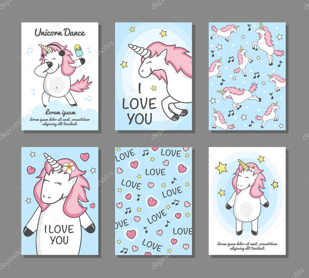 Set cards with unicorns. Poster, postcard, label for printing. Greeting cards with unicorns, hand written text. postcard 