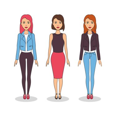 Genç kız vektör kümesi. İş kız. Sevimli kız moda giysileri. Moda bakmak.