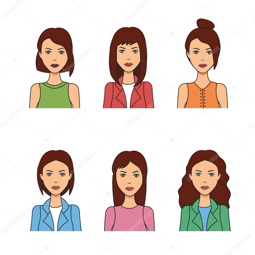 set women hairstyles. Woman avatar  vector illustration. Girls portrait with different hair style isolated on white background.