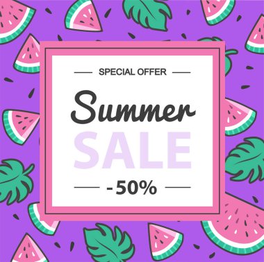 Yaz satışı büyük başlığı ile frangipani çiçek. Karpuz ile banner.