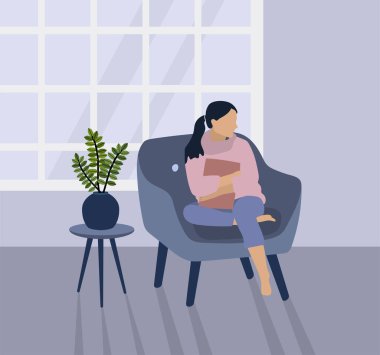 Pencerenin arka planında sandalyede oturan bir kız. Düz bir şekilde vektör illüstrasyonu. Evde kal. Mor iç mekan.