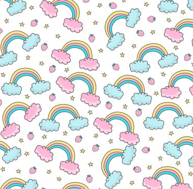 Şirin gökkuşağı ve bulutlar. Şirin bulutlar ve gökkuşağı çizim vektör çizimi tasarımı. Şirin bulutlu vektör deseni. Selam kartı, şirin gökkuşaklı vektör deseni.