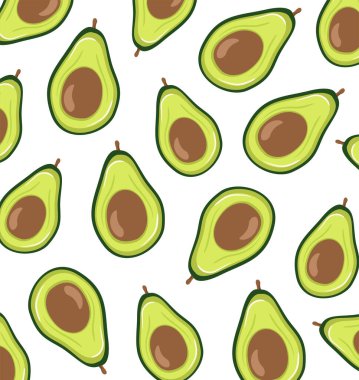 Kusursuz avokado deseni, avokado dilimleri, beyaz arka planda yapraklar. Vejetaryen yemek ikonları. Parmak izi, doku, sağlıklı beslenme. Paket kağıdı veya kumaş.