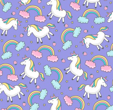 Şirin tek boynuzlu atlar. Tebrik kartı, şirin tek boynuzlu at desenli vektör deseni. Paket kağıdı veya kumaş.